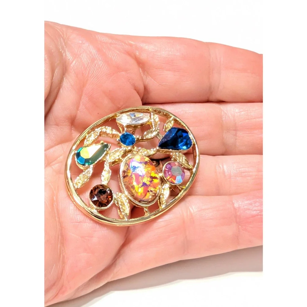 Vintage Rhinestone Brooch Pin Colorful Art Glass Gold-tone Leafs 1.75